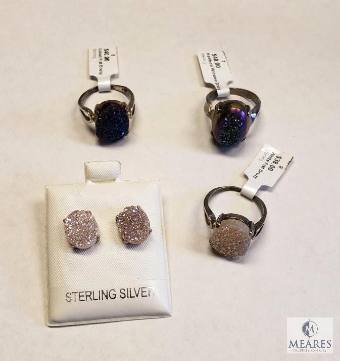 Three Druzy Rings and One Pair of Post Earrings