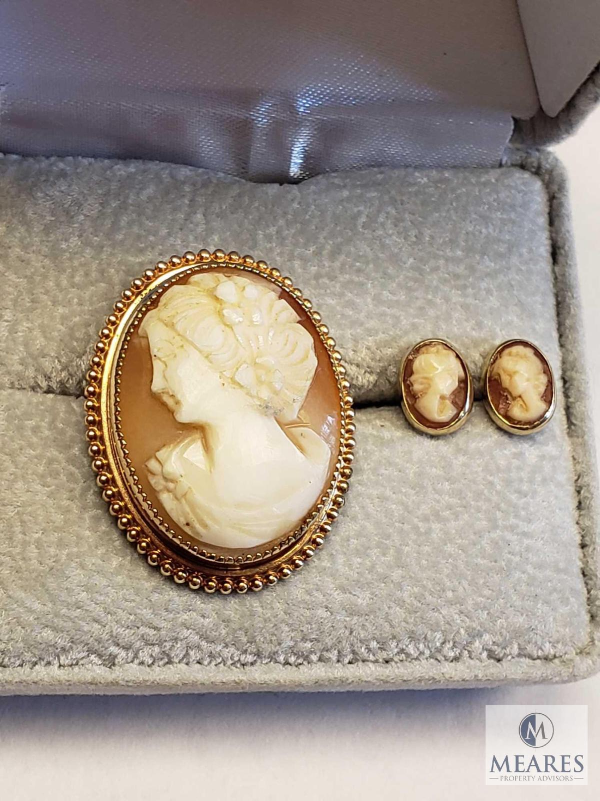Cameo Brooch/Pendant with Matching Push Back Post Earrings