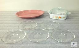 Lot Pink Fiesta Platter and Corning Ware Lidded Dish plus Five Glass Saucers