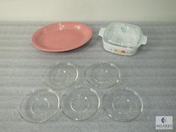 Lot Pink Fiesta Platter and Corning Ware Lidded Dish plus Five Glass Saucers