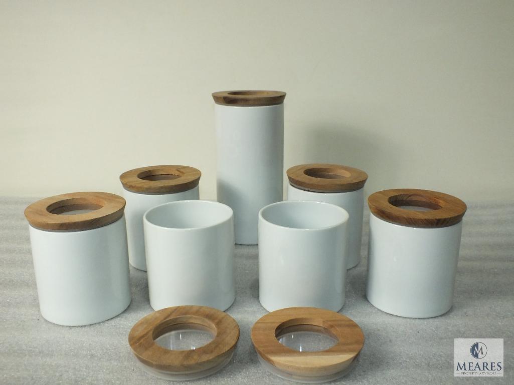 Set of Seven Ikea White Ceramic Canisters with Wood and Acrylic Lids