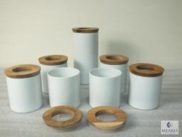 Set of Seven Ikea White Ceramic Canisters with Wood and Acrylic Lids