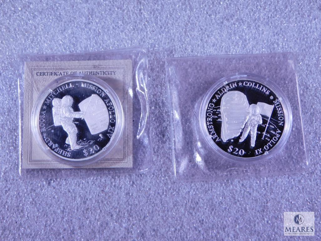 Two 2000 $20 Liberia Proof Coins Commemorating Apollo XI & Apollo XIV