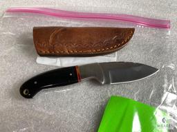 New Stainless Fixed Blade Skinner with Horn Handles and Leather Sheath