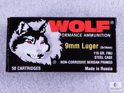 50 Rounds Wolf 9mm Luger 115 Grain FMJ Steel Case Ammo