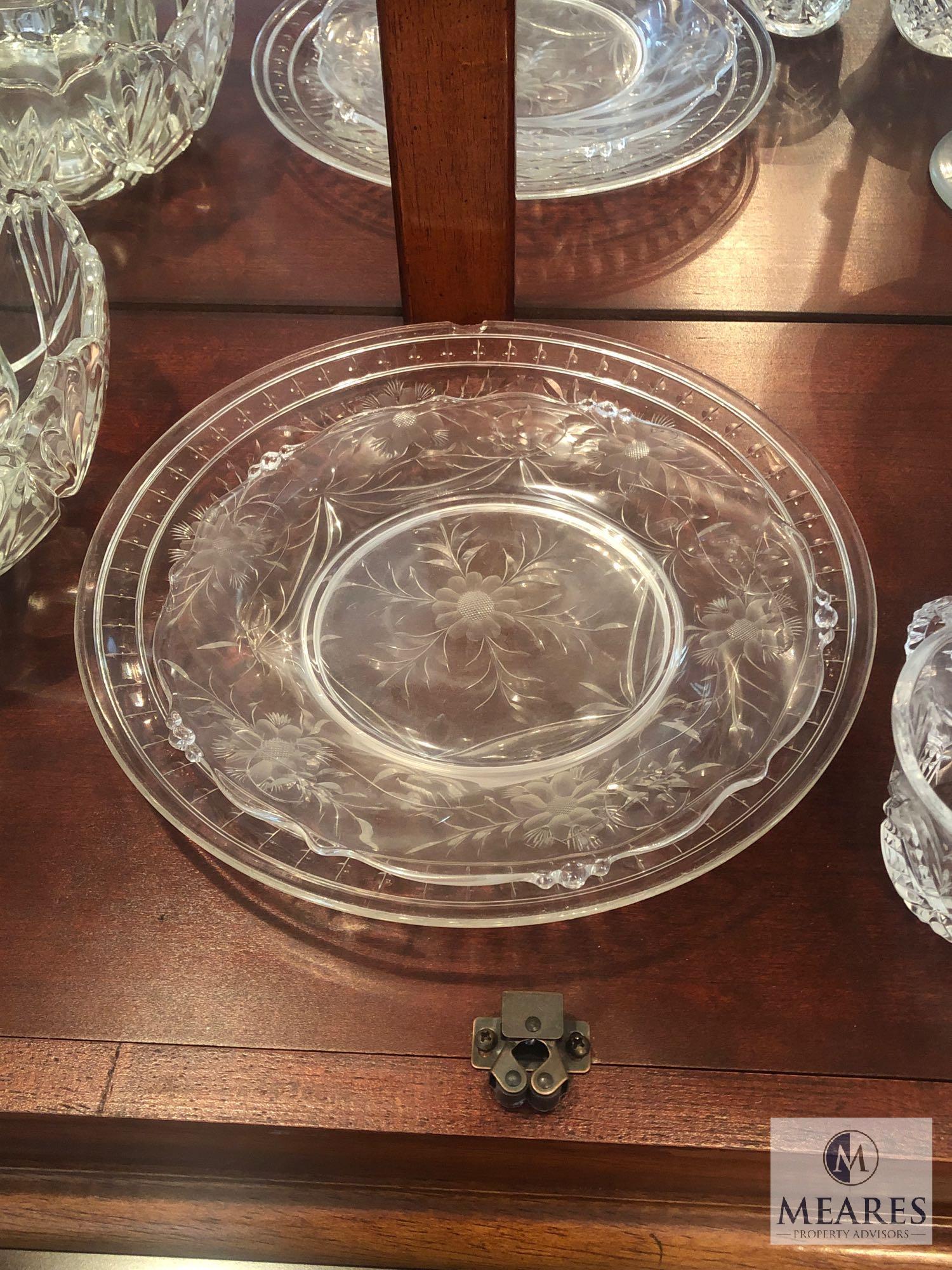Contents of Hutch - Assorted Crystal, Silver Plated, and Glass Serving Items & Vases