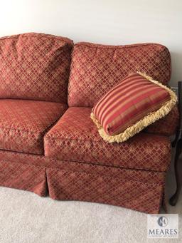 Burgundy & Gold Tone Upholstered Sofa Couch