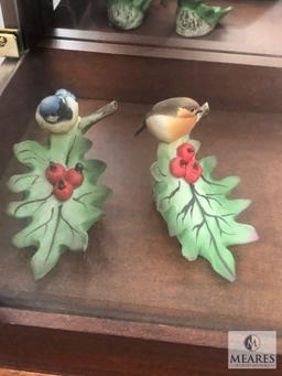 Bottom Three Shelves of Curio Cabinet - Assorted Bird & Flower Porcelain Decorations
