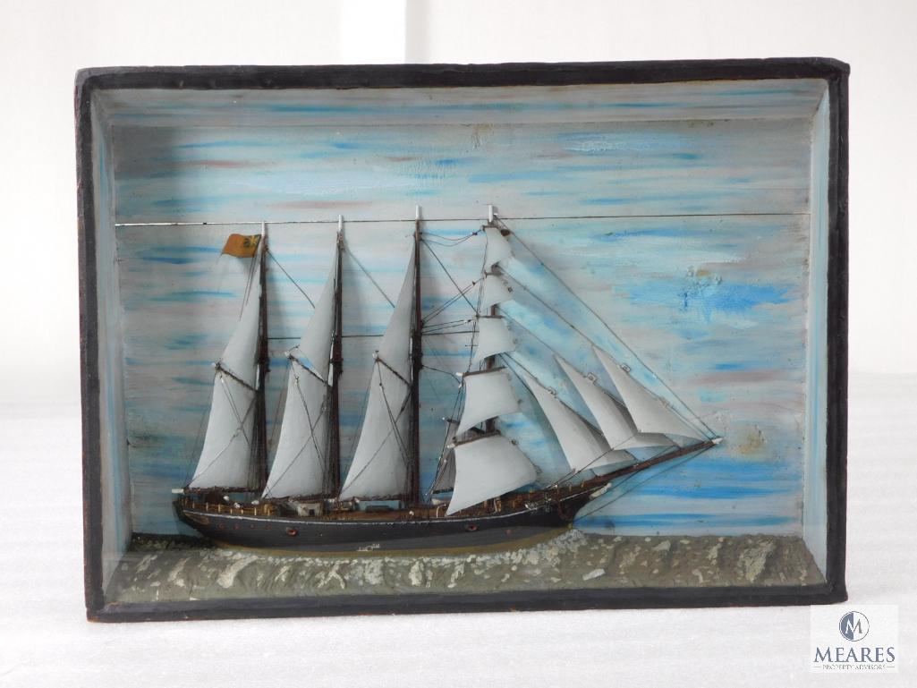 Vintage Painted Ship Diorama - Wood Case with Glass Front