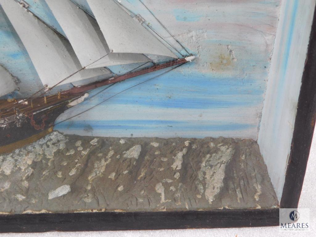 Vintage Painted Ship Diorama - Wood Case with Glass Front