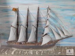 Vintage Painted Ship Diorama - Wood Case with Glass Front