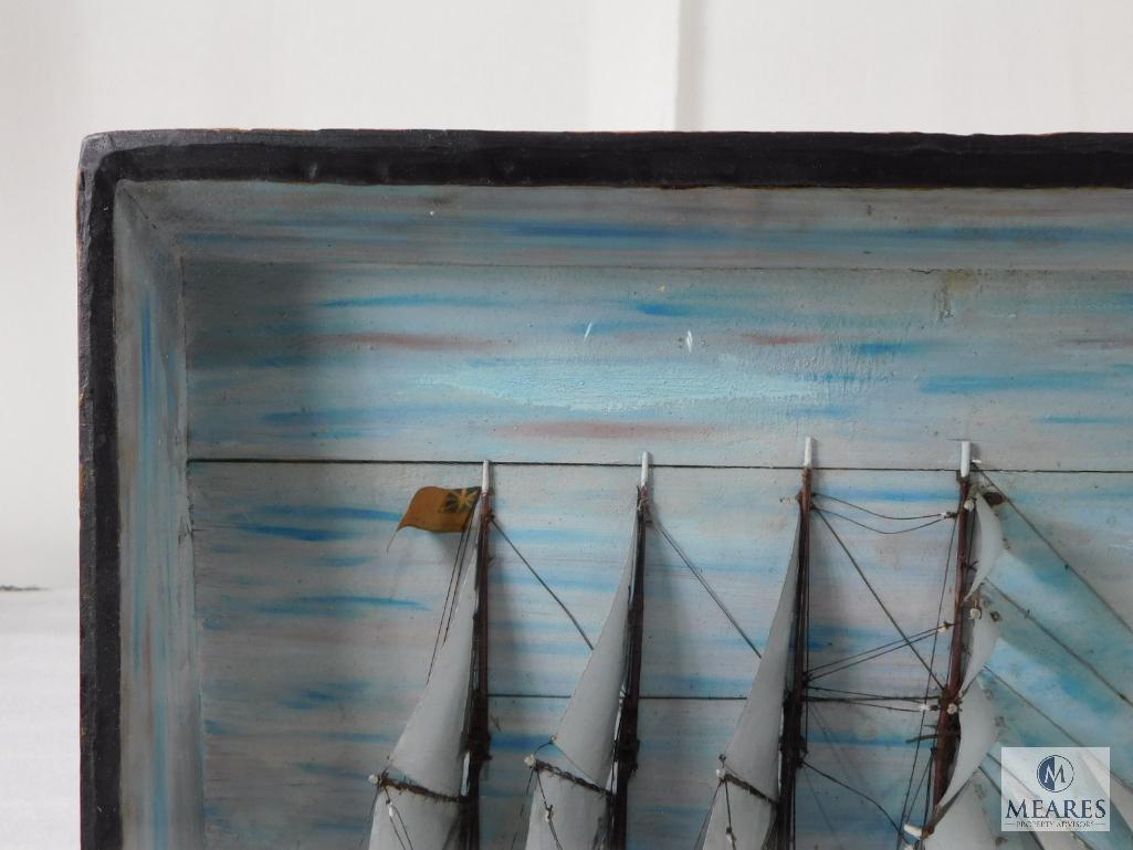 Vintage Painted Ship Diorama - Wood Case with Glass Front