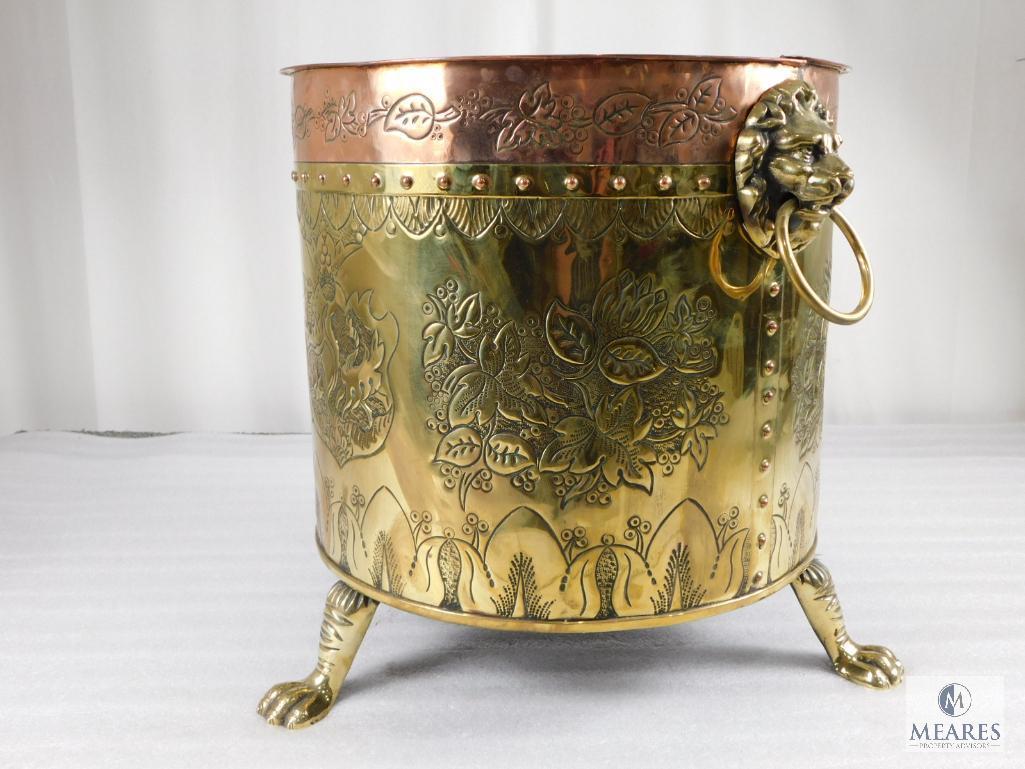 Antique English Floral Design Brass & Copper Lions Head Planter