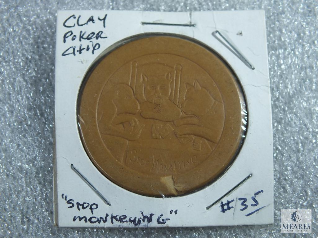 2 Old Clay Poker Chips - Excellent Condition Dog, Cat & Monkey Obv & Rev "Stop Monkeying"