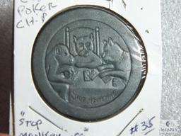2 Old Clay Poker Chips - Excellent Condition Dog, Cat & Monkey Obv & Rev "Stop Monkeying"