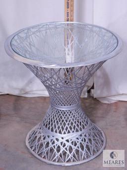 Two Silver-colored Wicker Chairs and Occasional Table