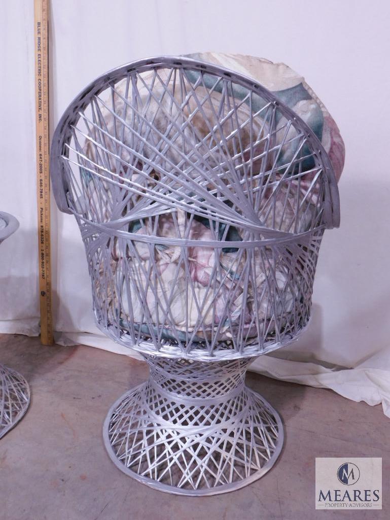 Two Silver-colored Wicker Chairs and Occasional Table