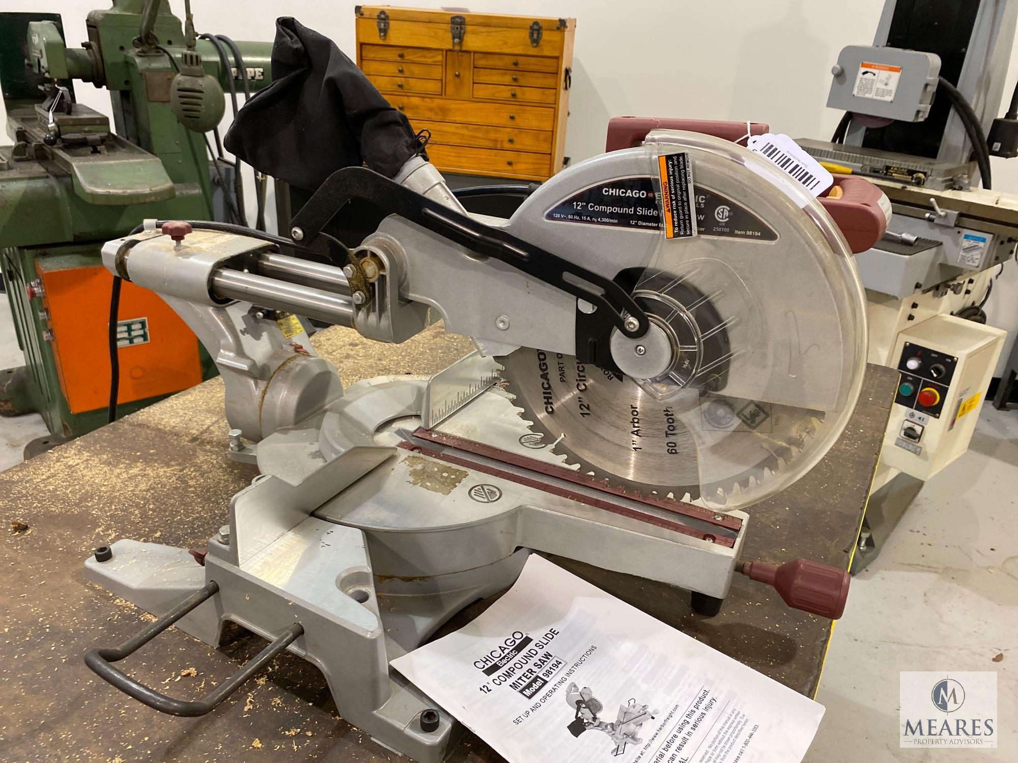 Chicago 12" Compound Miter Saw Mounted on Metal Worktable