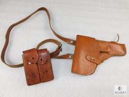 Leather Flap Holster with Shoulder Strap and Double Mag Pouches fits Small to Medium Autos