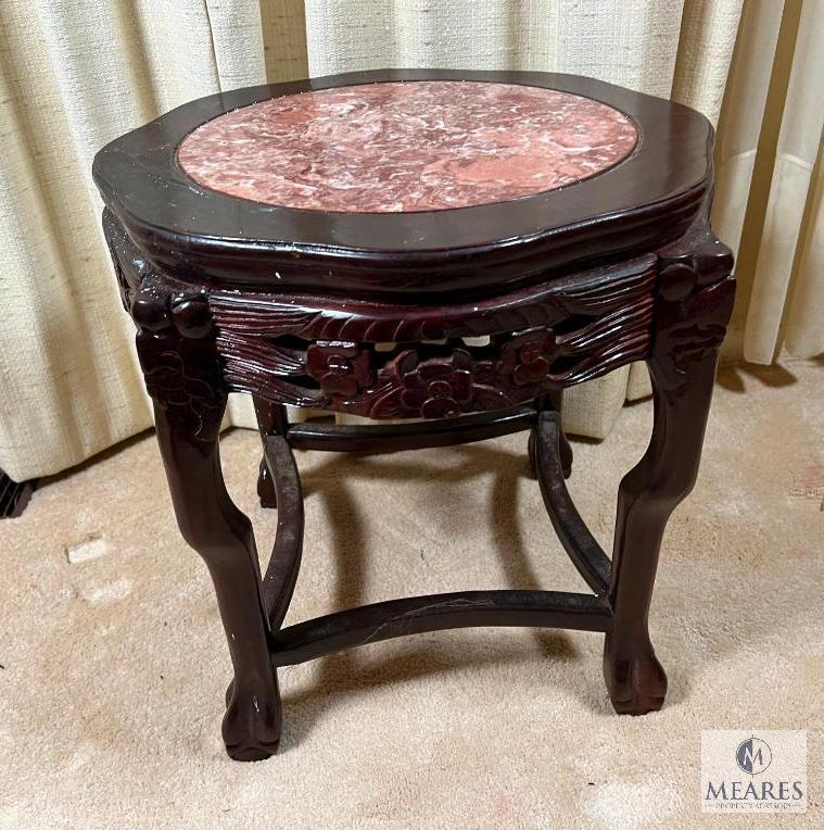 Asian-Influenced Side Table/Plant Stand with Marble Inlay