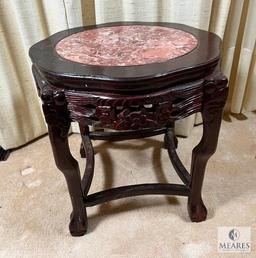 Asian-Influenced Side Table/Plant Stand with Marble Inlay