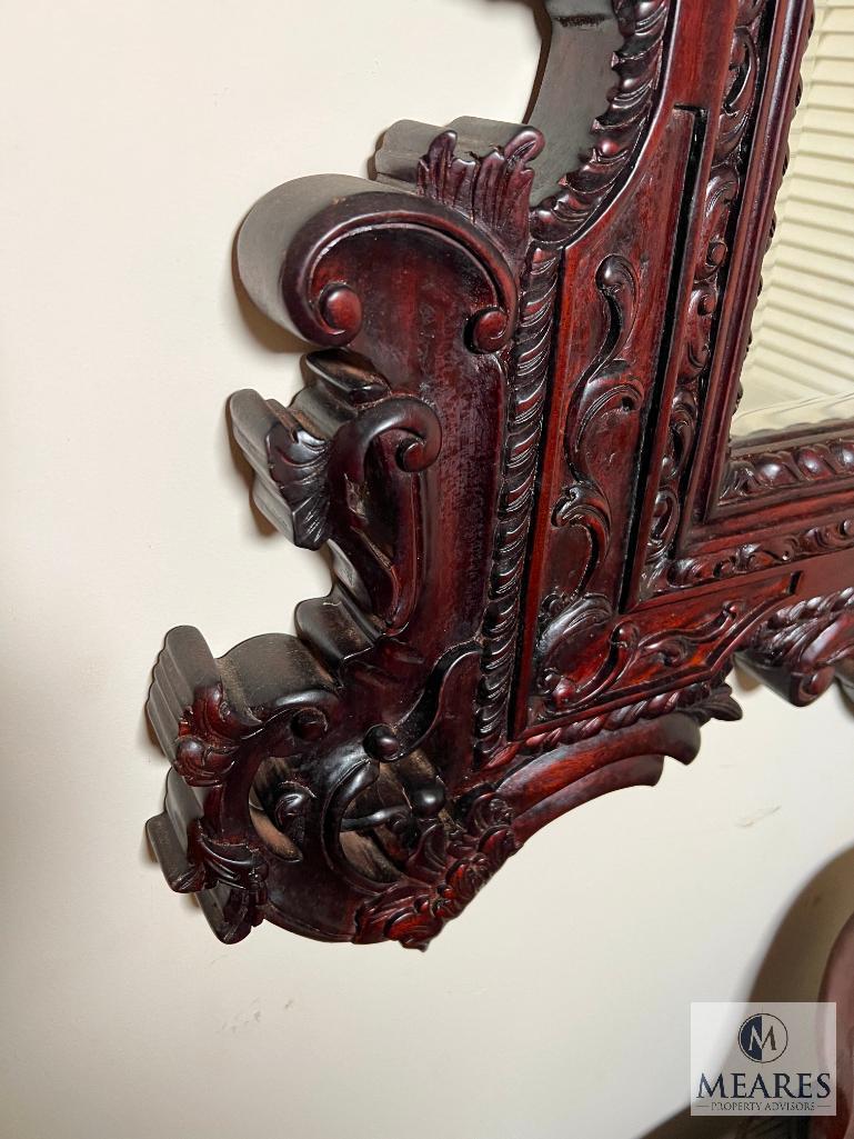 Dark Wood Ornately-Carved Beveled-Edge Wall Mirror - Circa 1950s-60s