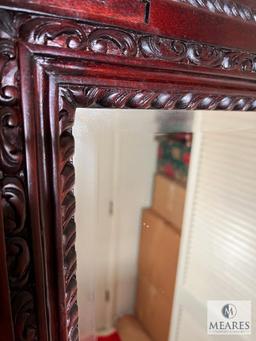 Dark Wood Ornately-Carved Beveled-Edge Wall Mirror - Circa 1950s-60s