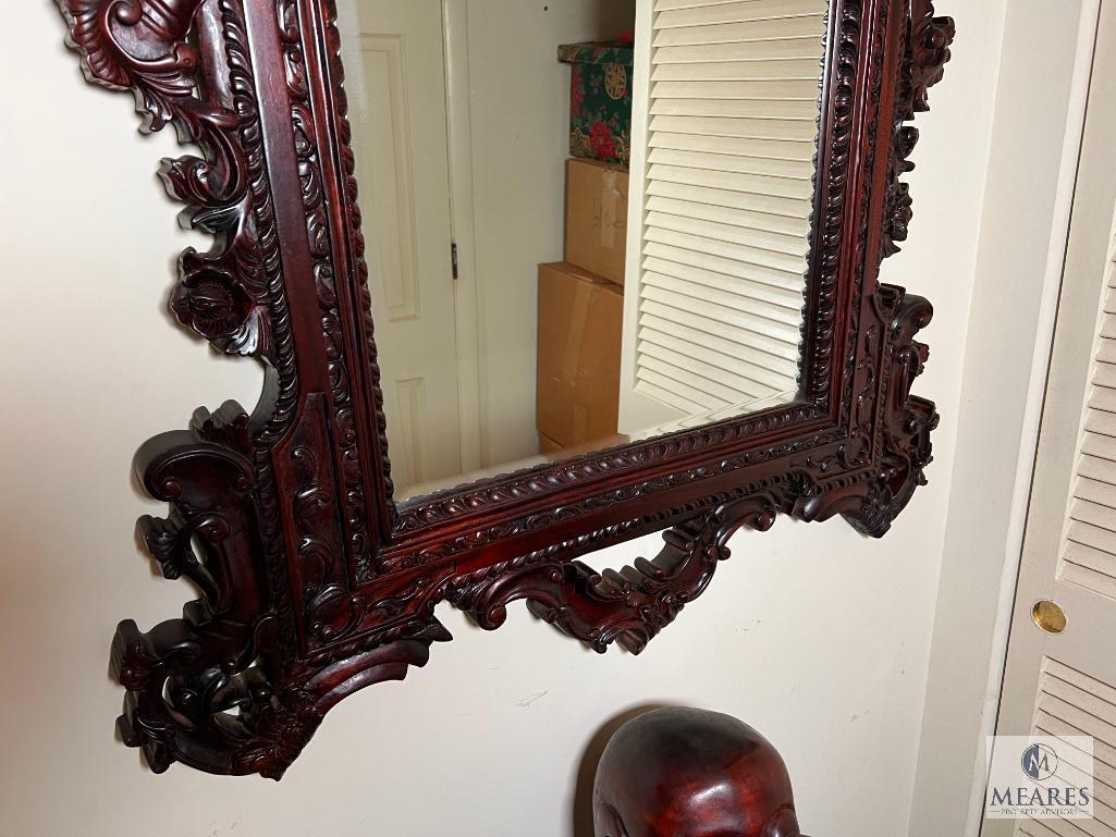 Dark Wood Ornately-Carved Beveled-Edge Wall Mirror - Circa 1950s-60s