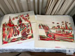 Set of Two Vintage Thai Religious Iconography Temple Rubbings on Fabric