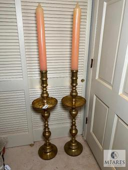 Set of Two Tall Brass Ceremonial Candlesticks - Ornately Decorated