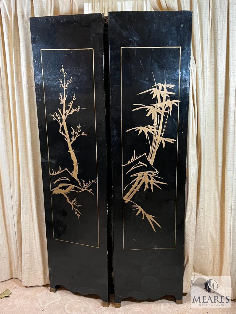 Asian-Influenced Four Panel Dressing Screen with Mother of Pearl Inlay and Painted Reverse