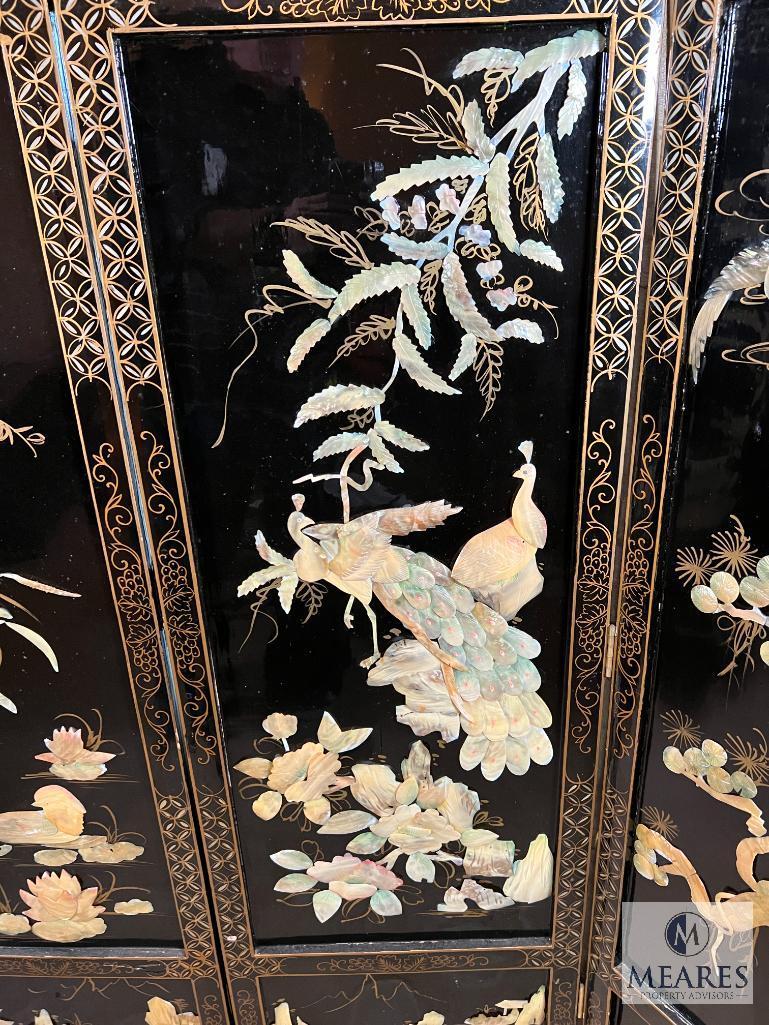 Asian-Influenced Four Panel Dressing Screen with Mother of Pearl Inlay and Painted Reverse