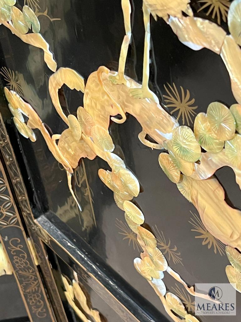 Asian-Influenced Four Panel Dressing Screen with Mother of Pearl Inlay and Painted Reverse