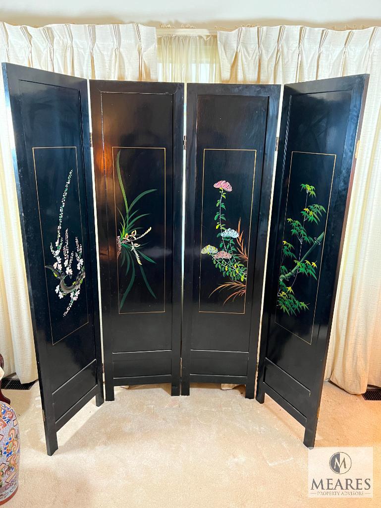 Asian-Influenced Four Panel Dressing Screen with Inlay and Hand-Painted Reverse
