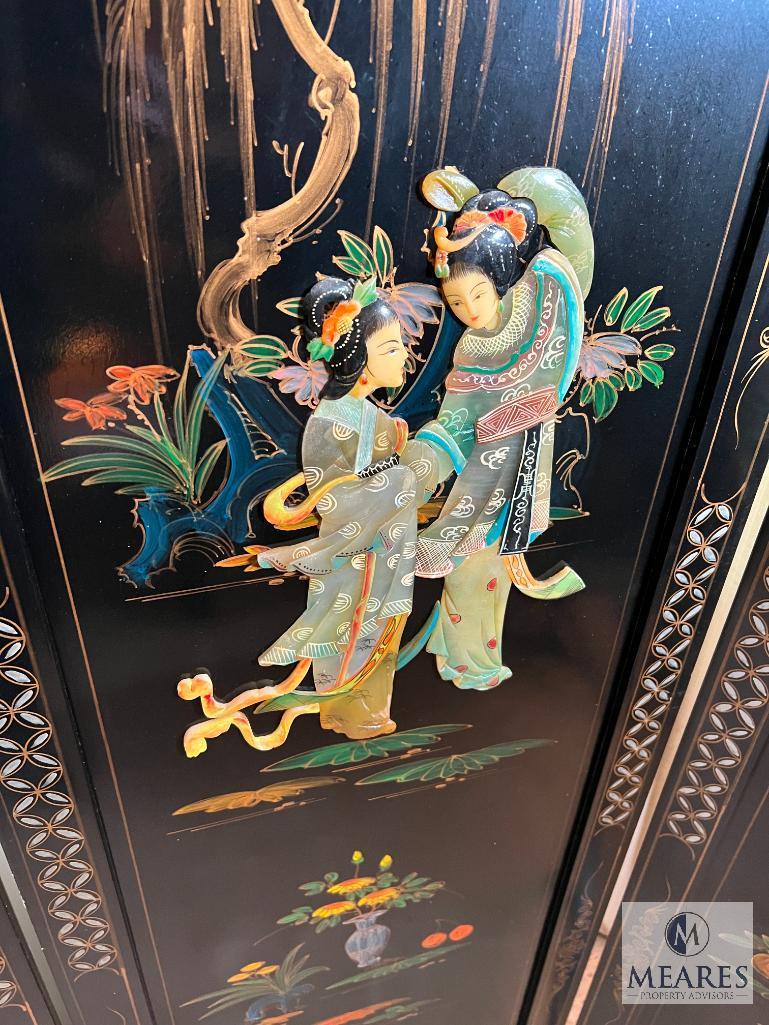 Asian-Influenced Four Panel Dressing Screen with Inlay and Hand-Painted Reverse