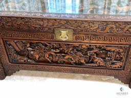 Asian-Influenced Hand Carved Linen/Dowry Chest with Glass Top and Front Lock