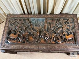 Asian-Influenced Hand Carved Linen/Dowry Chest with Glass Top and Front Lock