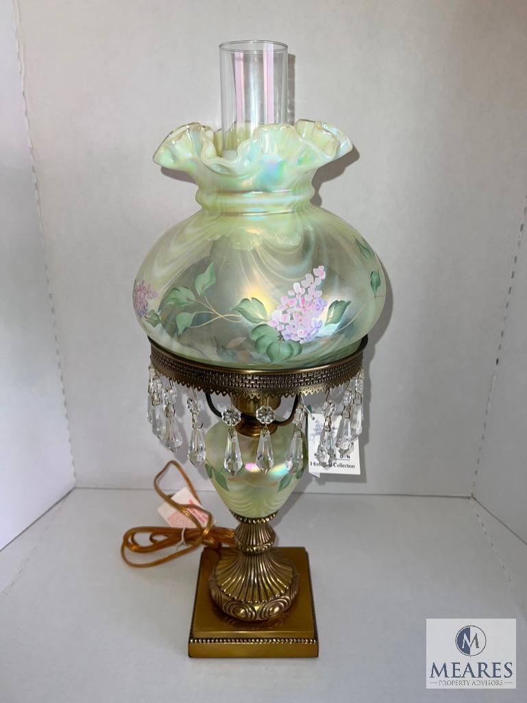 Rare Fenton Historical Collection Hand Painted Opalescent Green Glass Electric Lamp