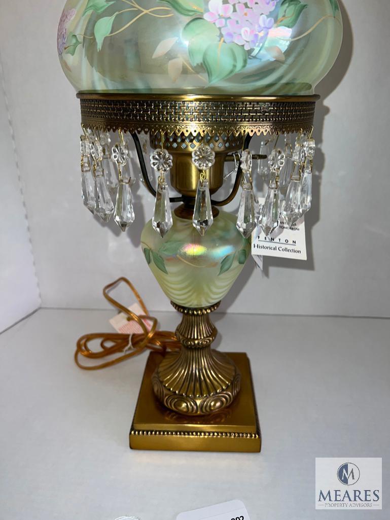 Rare Fenton Historical Collection Hand Painted Opalescent Green Glass Electric Lamp