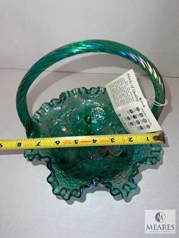 Fenton Spruce Green Carnival Glass Ruffled Edge Grape Patterned Footed Basket
