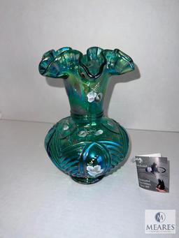 Fenton Signed Hand-Painted Spruce Green Carnival Glass Melon Vase