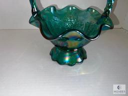 Fenton 6836 SI Spruce Green Carnival Glass Basket, Leaf 10-inch