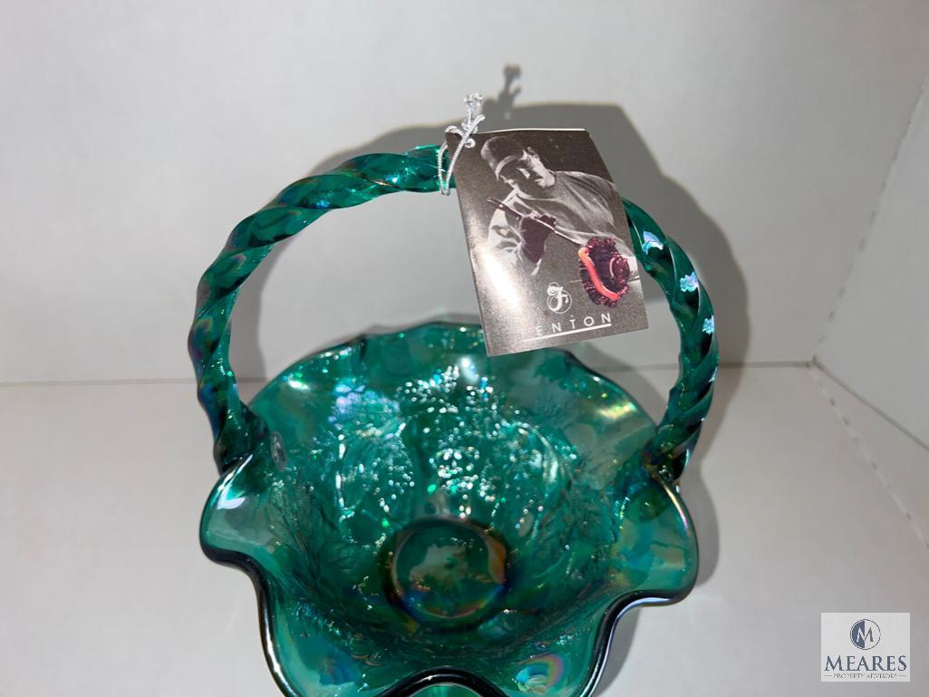 Fenton 6836 SI Spruce Green Carnival Glass Basket, Leaf 10-inch