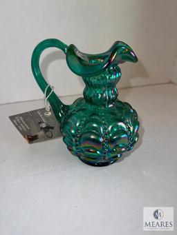 Fenton 7685 SI Spruce Green Carnival Glass Pitcher, Drapery Bead