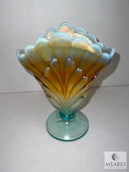 Fenton 5956 4P 2005 100th Anniversary Plume Vase - 8-inch - Aqua Opalescent and Marigold