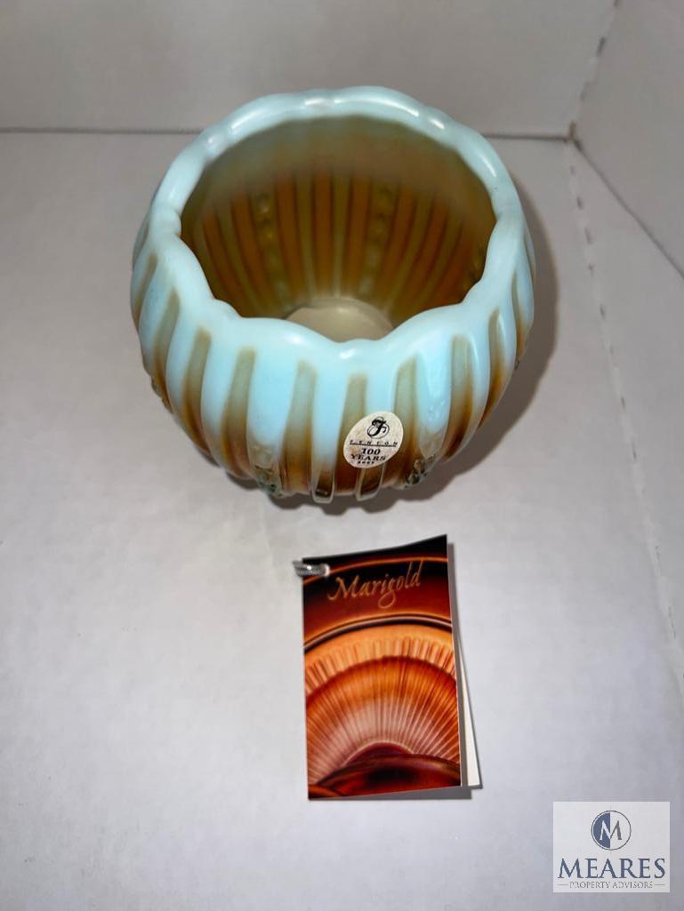 Two Fenton 100th Edition Opalescent Aqua Marigold Glass Pieces - 9653 4P and 1135 4P
