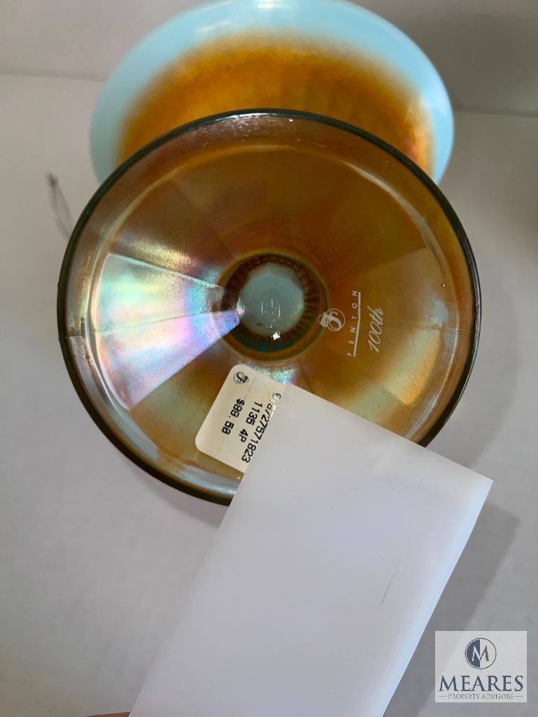 Two Fenton 100th Edition Opalescent Aqua Marigold Glass Pieces - 9653 4P and 1135 4P