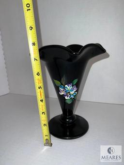 Fenton 5973 QB Hand Painted Hydrangeas on Black Glass Ruffled Vase