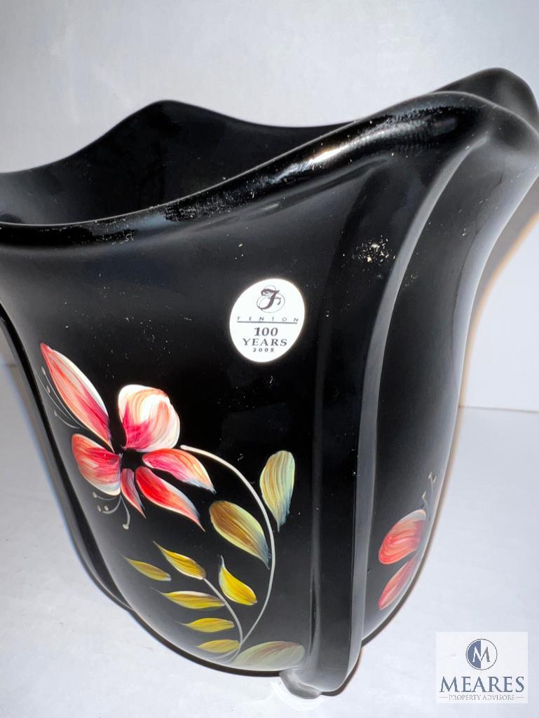 Fenton 8155 IG 100th Anniversary Tropical Flower on Black Square Vase - Handpainted