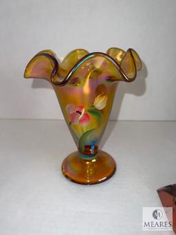 Fenton Signed Hand Painted Marigold Carnival Glass Ruffed Edge Vase